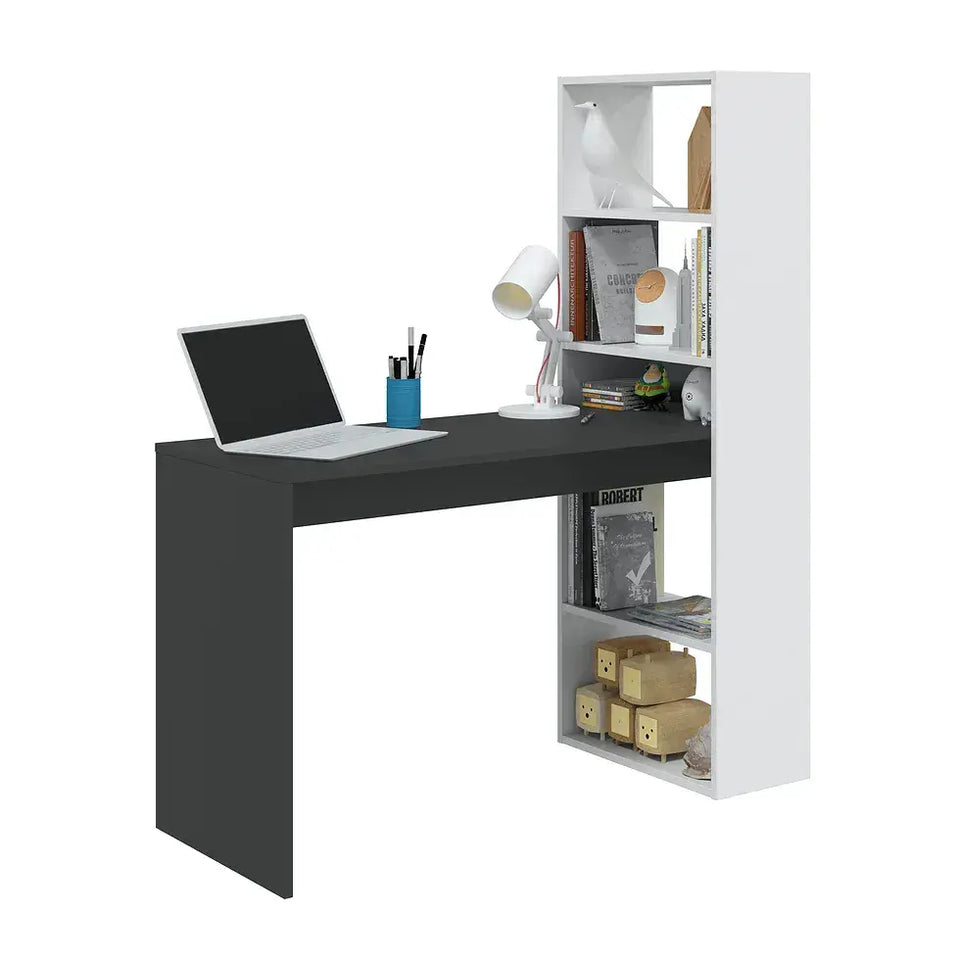 Orvara Double White and Grey Effect Computer Desk Table with Integrated Bookcase Home Office Study Desk for Laptop and Storage