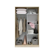 Arctic white and oak effect sliding 2-door wardrobe by Lavish Kitchen Isle, small narrow bedroom storage unit, 120cm wide.