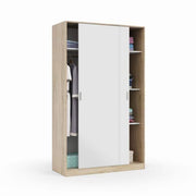 Arctic white and oak effect sliding 2-door wardrobe by Lavish Kitchen Isle, small narrow bedroom storage unit, 120cm wide.