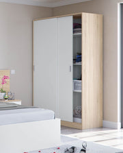 Arctic white and oak effect sliding 2-door wardrobe by Lavish Kitchen Isle, small narrow bedroom storage unit, 120cm wide.