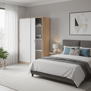 Arctic white and oak effect small sliding 2-door wardrobe by Lavish Kitchen Isle, narrow bedroom storage unit, 120cm wide.
