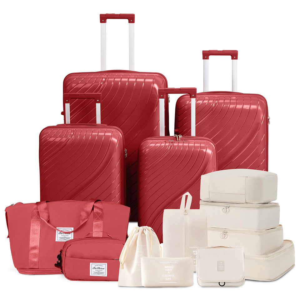 4-Piece Luggage Set - Durable PP Suitcase with Travel Tote & Toiletry Kit (Rose Gold, Red, Grey)