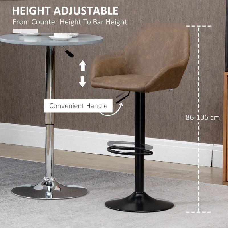 Set of 2 Adjustable Bar Stools Dark Brown Black PU Leather Swivel Breakfast Stools for Kitchen & Home Bar 360° Rotating Counter Stool