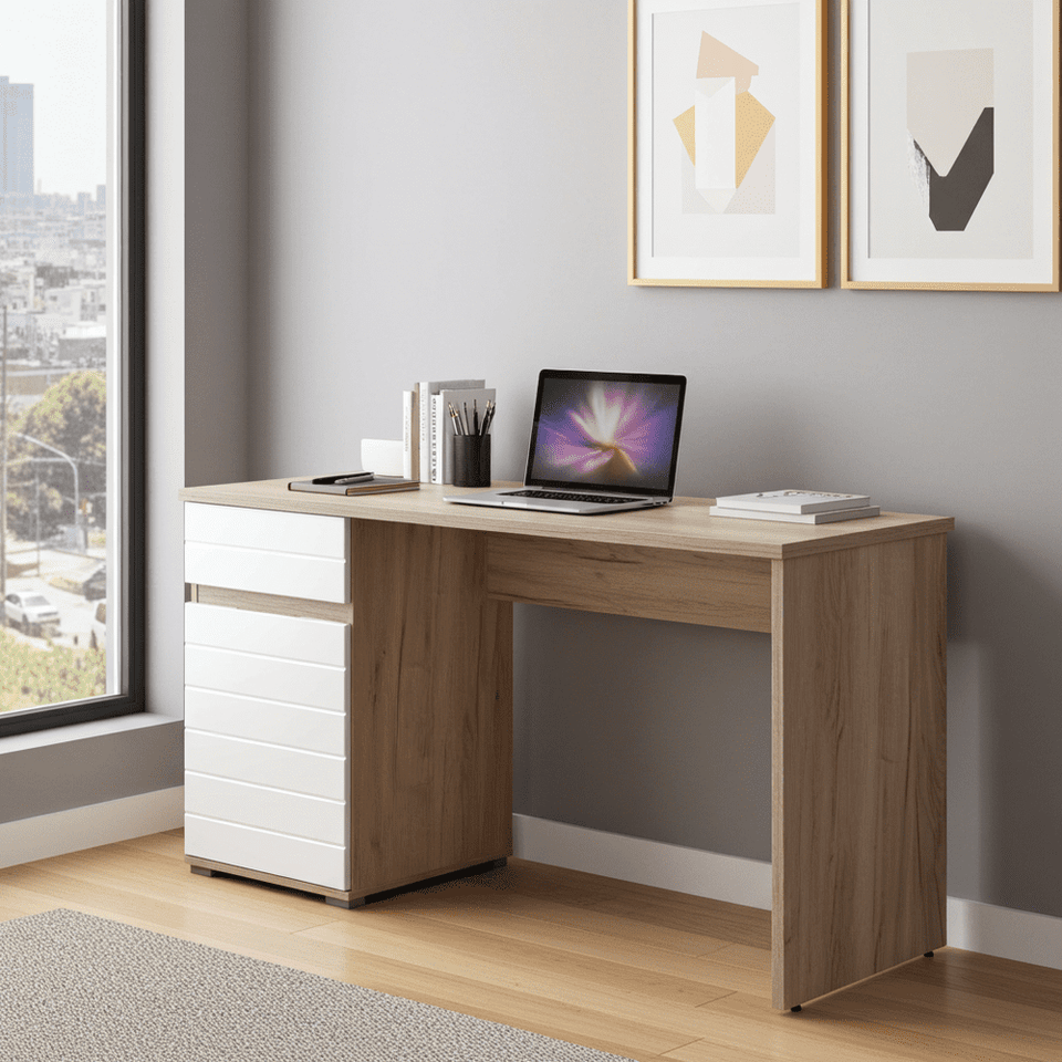 Lavish Kitchen Isle Solstice Oak and White Gloss Computer Desk with drawer and cupboard for sleek home office setup.