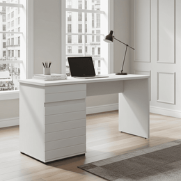 Lavish Kitchen Isle Solstice Oak and White Gloss Computer Desk with drawers and cupboard, sleek home office furniture.