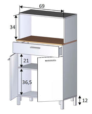 Lavish Kitchen Isle Ferese white kitchen cupboard with oak effect worktop, 2 doors, 1 drawer, and microwave hutch for storage.