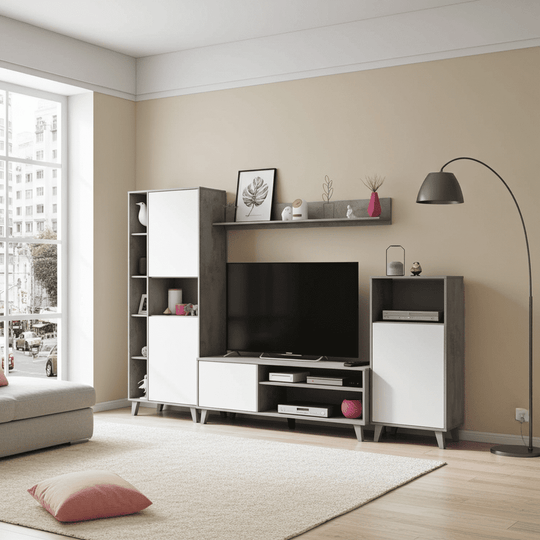 Gris White And Concrete Grey Effect Large TV Entertainment Wall Unit Cabinet