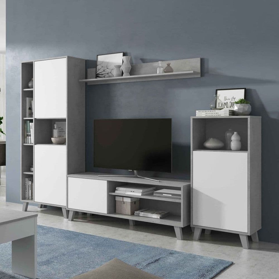 Gris White And Concrete Grey Effect Large TV Entertainment Wall Unit Cabinet