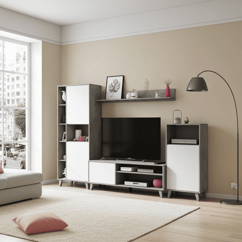Large TV entertainment wall unit cabinet in white and concrete grey effect by Lavish Kitchen Isle, modern and spacious design
