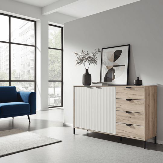 Grey oak effect and cashmere sideboard with slatted detailing – 2 doors and 4 drawers