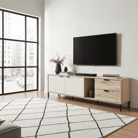 Contemporary TV stand cabinet with ample storage and slatted design