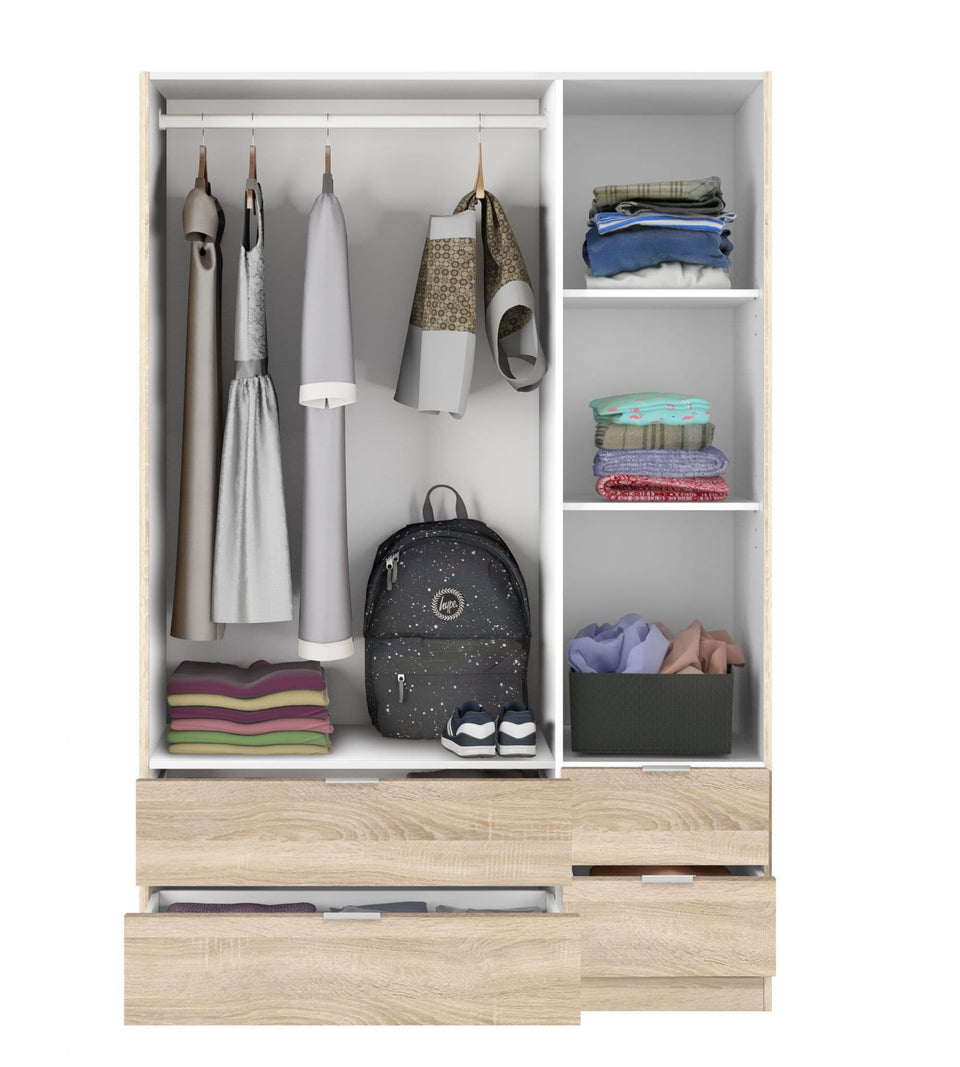 Compact 3 Door 4 Drawer Oak Effect Wardrobe with Hanging and Shelving Storage Space-Saving 135cm