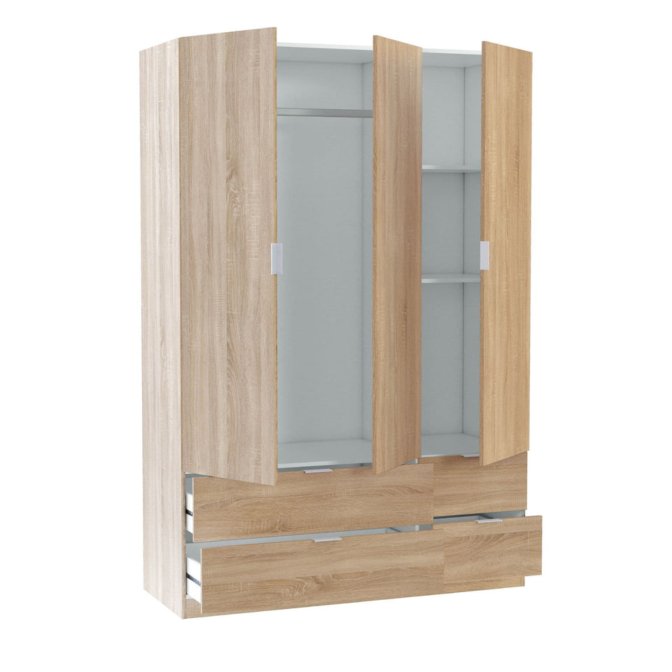 Compact 3 Door 4 Drawer Oak Effect Wardrobe with Hanging and Shelving Storage Space-Saving 135cm