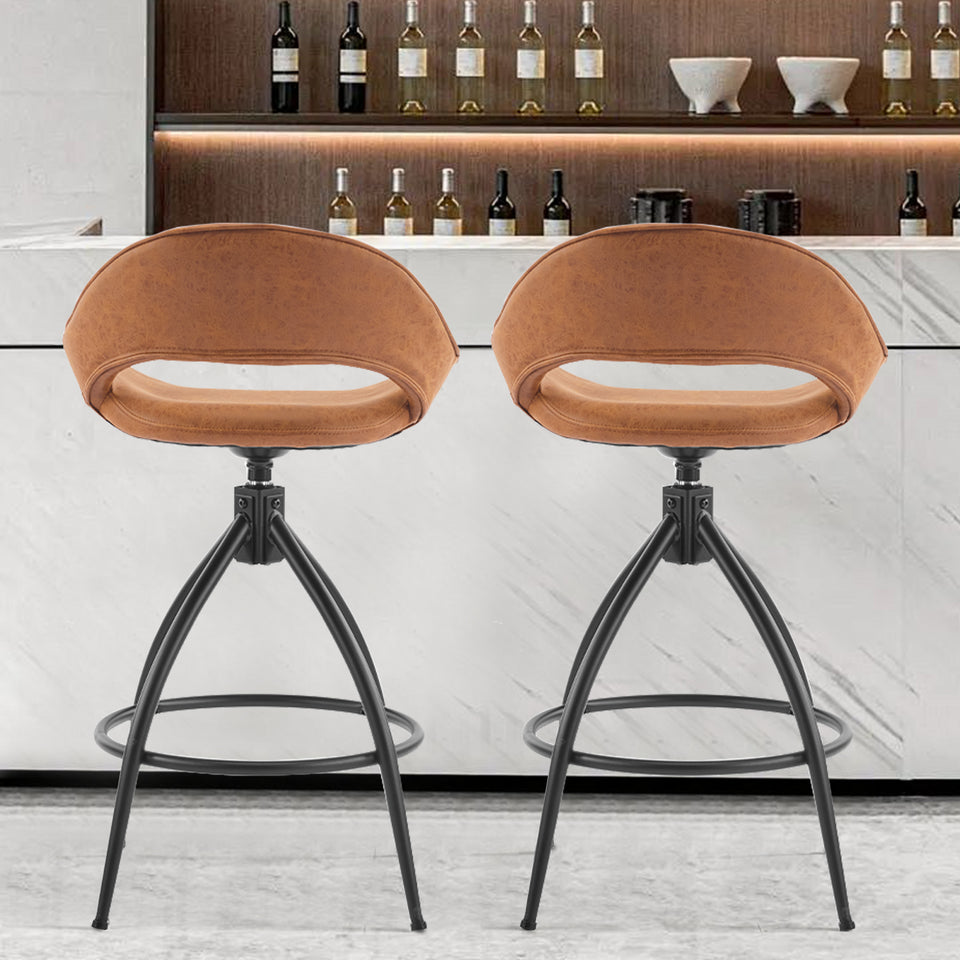 Swivel Bar Stools Set of 2 Brown PU Leather 360° Counter Height Chairs Mid Century Kitchen Dining Room Furniture