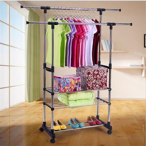 Dual Bars Horizontal & Vertical Telescope Style 3 Tiers Stainless Steel Clothing Garment Portable Wardrobe Shoe Rack B