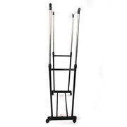 Dual-bar Vertical & Horizontal Stretching Stand Clothes Rack Portable Wardrobe with Shoe Shelf Black & Silver - Lavish Kitchen Isle
