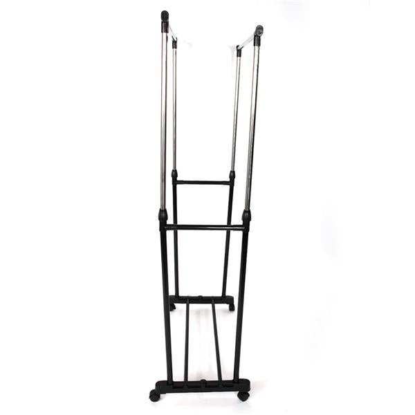 Dual-bar Vertical & Horizontal Stretching Stand Clothes Rack Portable Wardrobe with Shoe Shelf Black & Silver