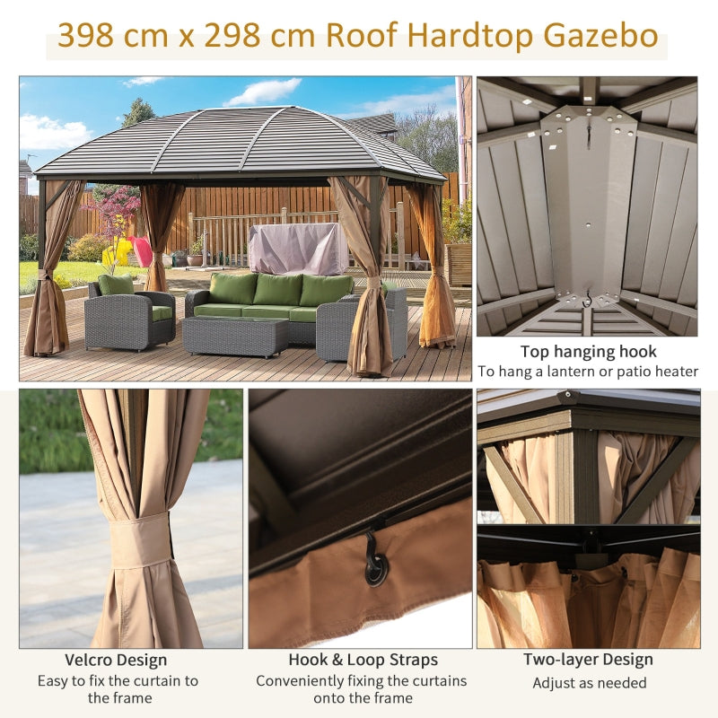 Aluminium Hardtop Gazebo, 398Lx298W cm-Black/Brown