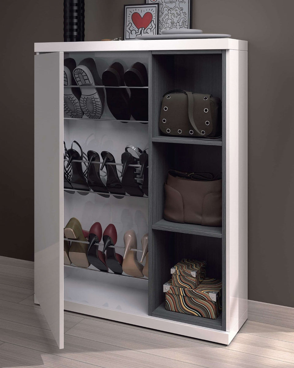 Pivot White Gloss Shoe Cabinet with Mirror Storage Stand, Shoe Rack Organiser 79cm Wide Hallway Unit