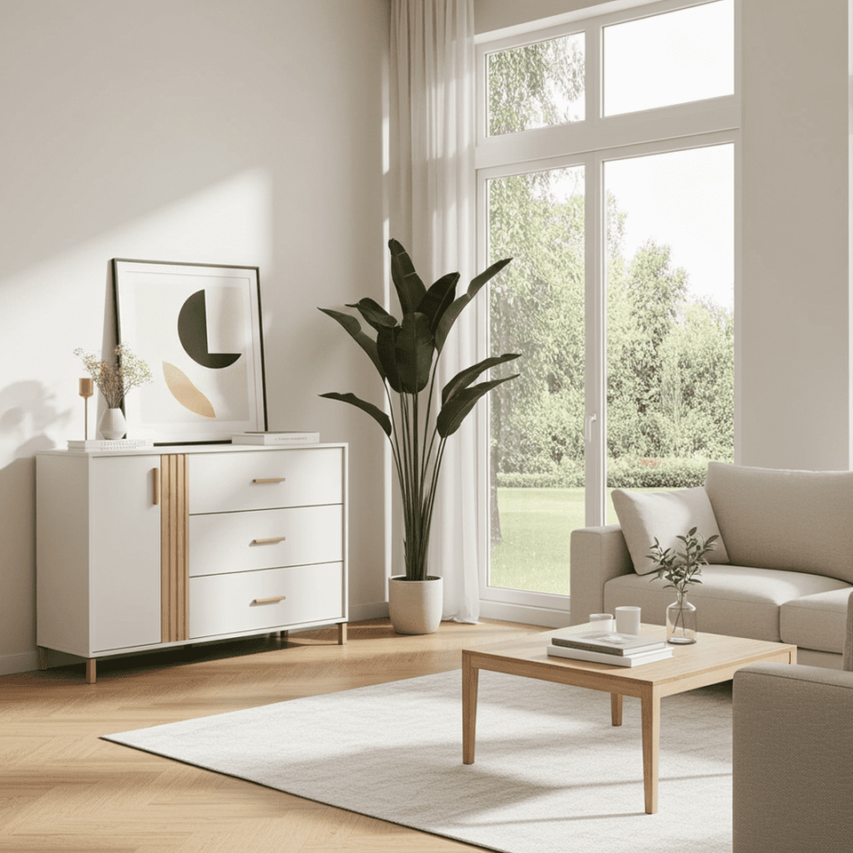 Lagdu Cashmere and Oak Effect Chest of Drawers with 3 drawers and 1 cupboard, by Lavish Kitchen Isle, in a stylish finish.