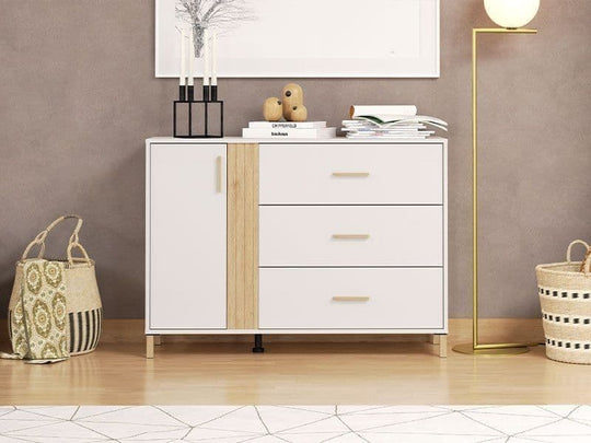 Lagdu Cashmere and Oak Effect Chest of Drawers – 3 Drawers + 1 Cupboard