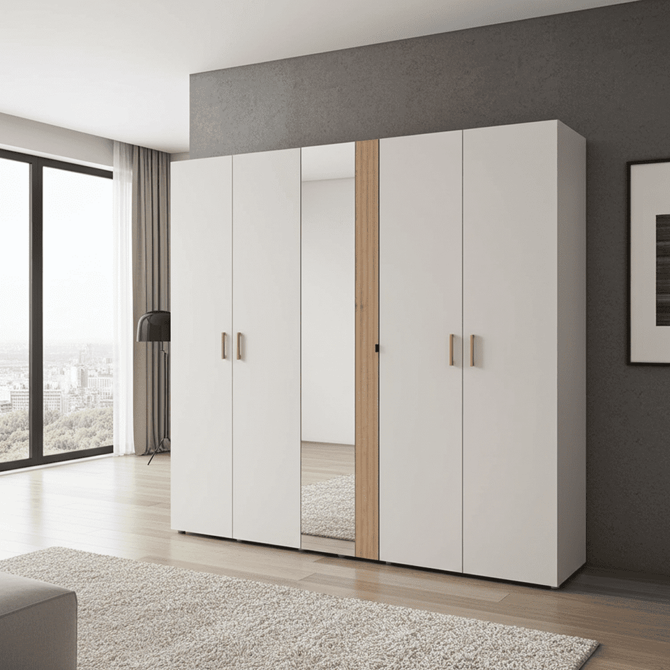 Granada Cashmere and Artisan Oak Effect 5-Door Mirrored Wardrobe by Lavish Kitchen Isle with modern bedroom storage design