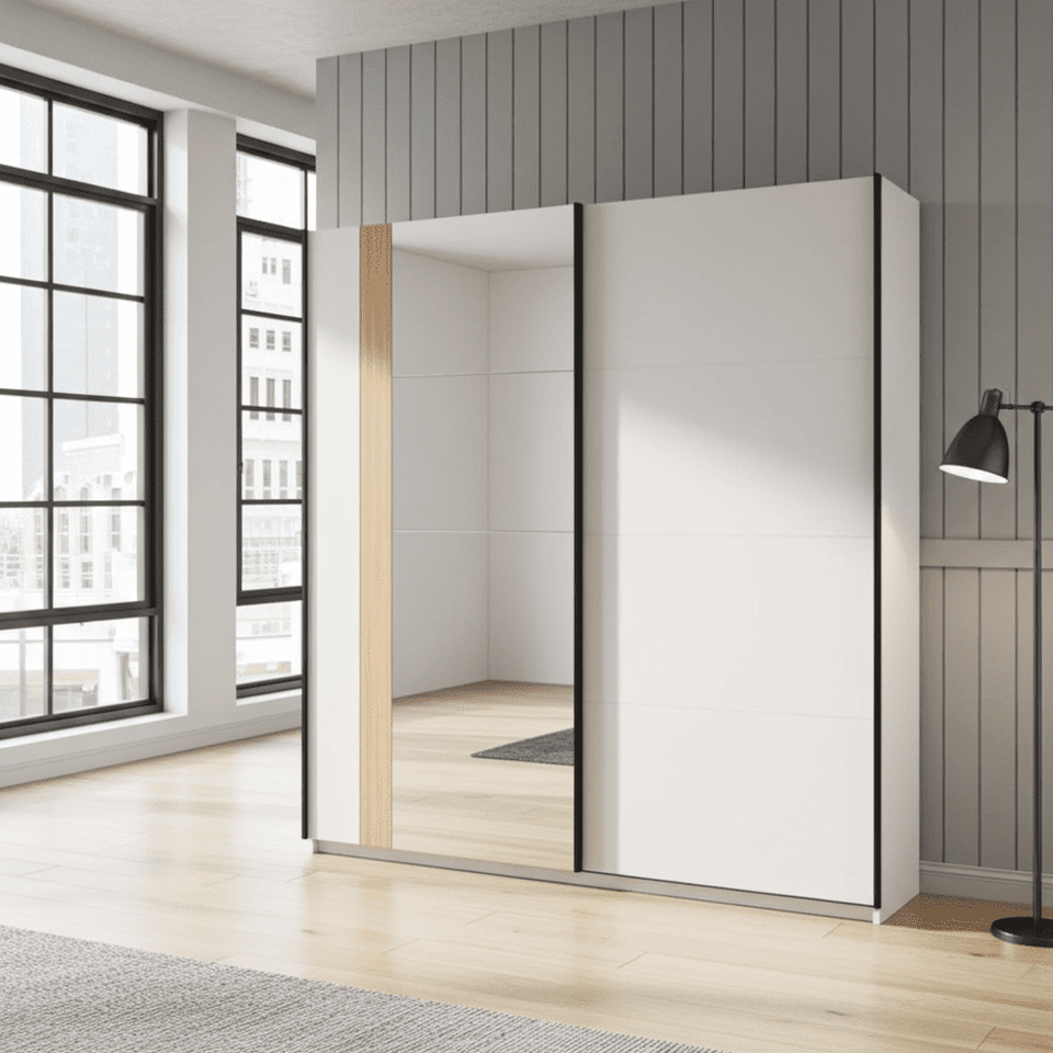 Large mirrored sliding door wardrobe in Cashmere and Artisan Oak effect, 220cm wide with sleek modern design.