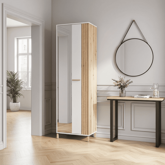 Slim Cashmere Taupe and Oak Effect Wardrobe – Hanging Rail and Shelves