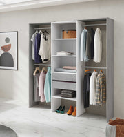 Large open-concept wardrobe in concrete grey and white with four hanging rails, functional storage from Lavish Kitchen Isle.