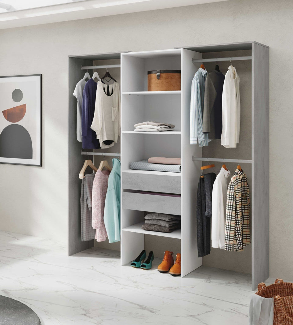 Large Concrete Grey and White Open Wardrobe with Hanging Rails, 2 Drawers, and Shelves – 179cm Wide