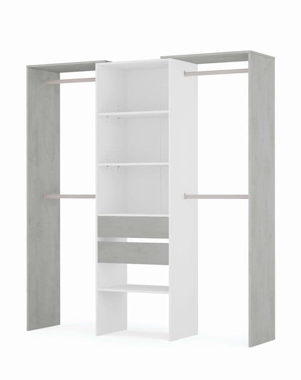 Large Concrete Grey and White Open Wardrobe with Hanging Rails, 2 Drawers, and Shelves – 179cm Wide