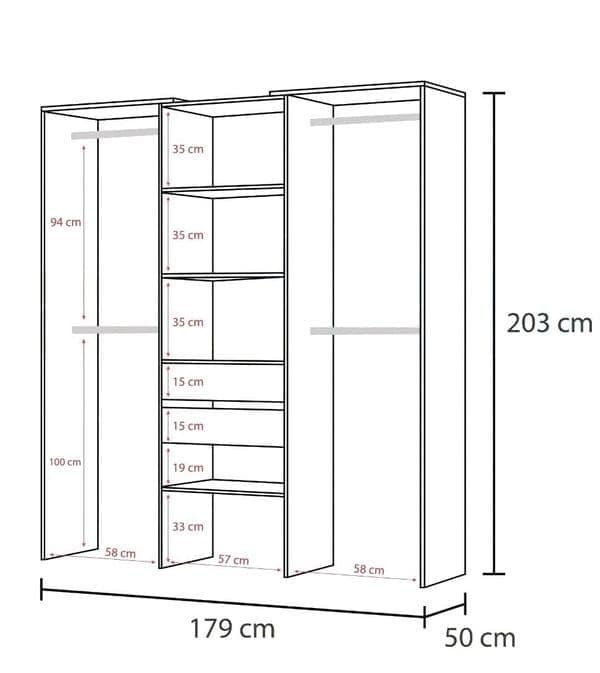 Large Concrete Grey and White Open Wardrobe with Hanging Rails, 2 Drawers, and Shelves – 179cm Wide