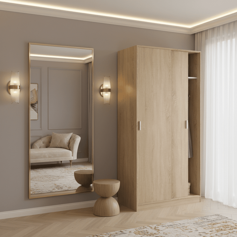 Hansen Canadian Oak effect narrow sliding wardrobe with two doors, hanging rail, and shelf for compact storage.