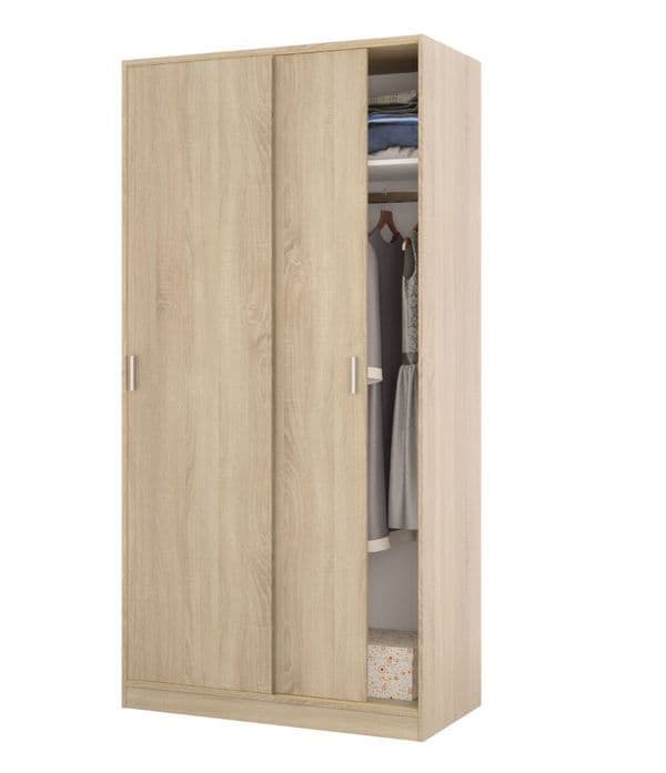 Oak Effect 100cm Wide Narrow Sliding 2 Door Wardrobe with Hanging Rail and Shelf