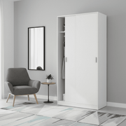 White sliding door wardrobe with two doors, hanging rail, and shelf for narrow bedroom storage by Lavish Kitchen Isle.