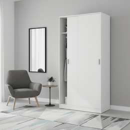 White sliding door wardrobe with two doors, hanging rail, and shelf for narrow bedroom storage by Lavish Kitchen Isle.