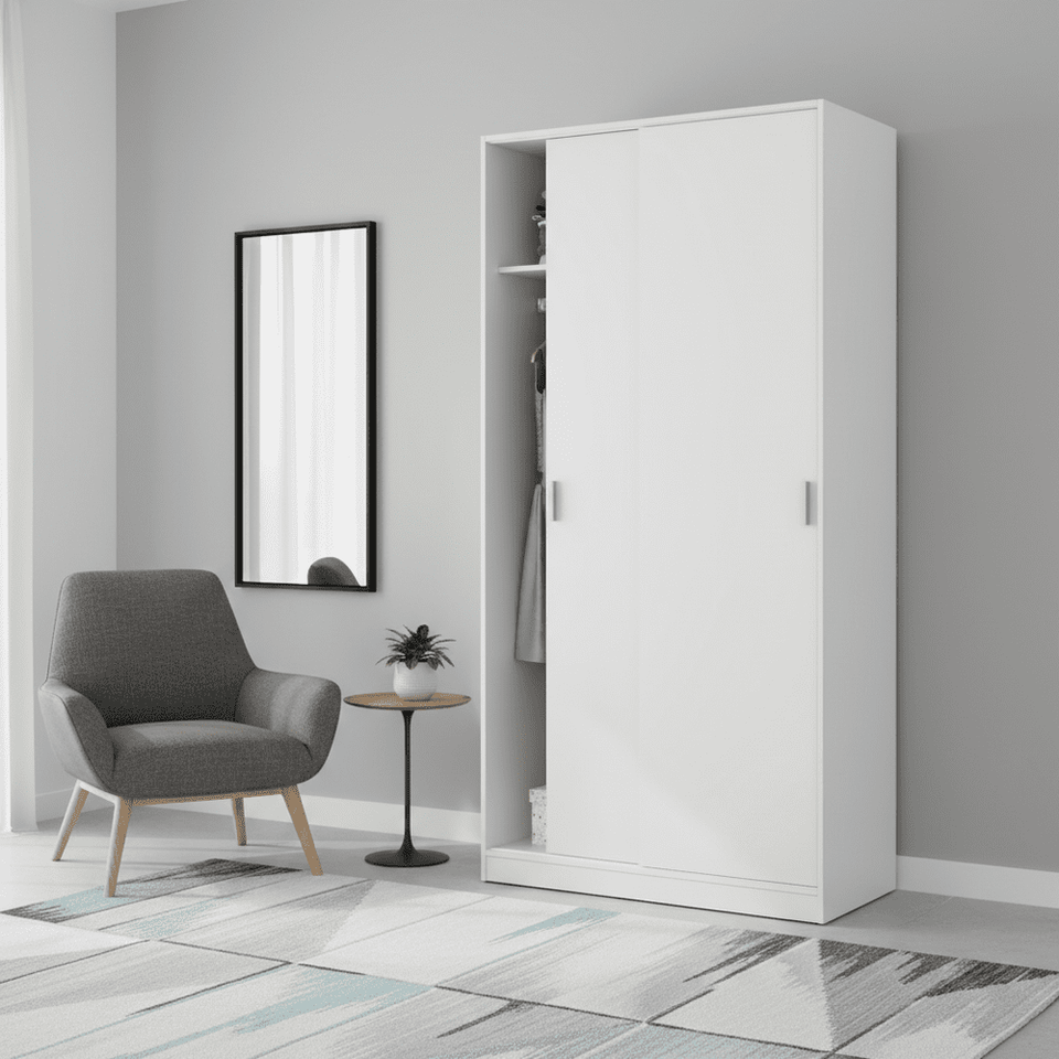 White sliding door wardrobe with two doors, hanging rail, and shelf for narrow bedroom storage by Lavish Kitchen Isle.