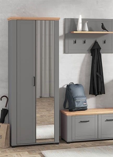 Space-Saving Wardrobe with Mirror and Shelves – Grey and Oak Effect
