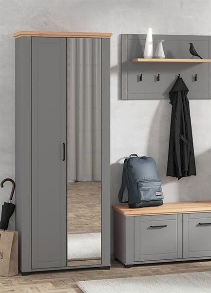 Chroma Grey and Artisan Oak Slim Mirrored Wardrobe Shallow Depth  with Hanging Rail and Shelves75cm Wide