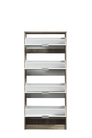 Lavish Kitchen Isle Nolarad Tall Mirrored Shoe Rack Cabinet with 4 tiers, oak effect wooden shoe storage stand for 24 pairs.