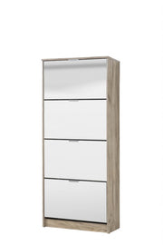 Lavish Kitchen Isle Nolarad tall mirrored shoe rack cabinet with four wooden tiers, oak effect, space-saving shoe storage stand.