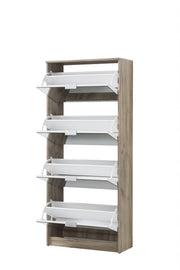 Lavish Kitchen Isle Nolarad Tall Mirrored Shoe Rack Cabinet with 4 tiers, oak effect wooden shoe storage stand for 24 pairs.