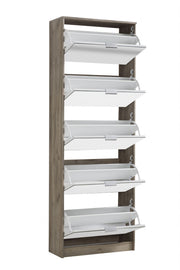 Lavish Kitchen Isle Nolarad 5-Tier Mirrored Shoe Rack Cabinet with oak effect, space-saving design, holds 20+ pairs of shoes.