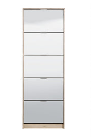 Lavish Kitchen Isle Nolarad 5-Tier Mirrored Shoe Rack Cabinet with oak effect, space-saving organizer for over 20 pairs of shoes.
