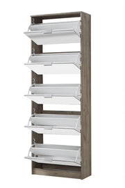 Lavish Kitchen Isle Nolarad 5-Tier Mirrored Shoe Rack Cabinet with oak effect, space-saving shoe storage for 20+ pairs.