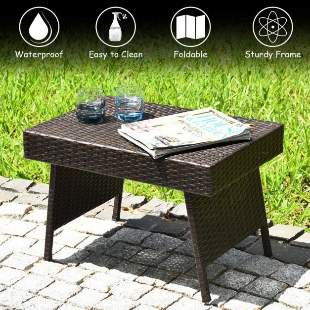 Mix Brown Patio Folding Rattan Side Coffee Table with Steel Frame