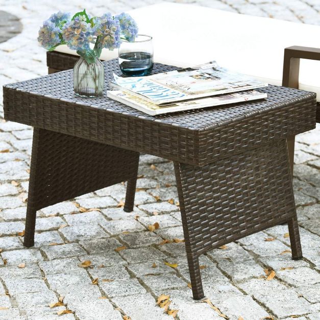 Mix Brown Patio Folding Rattan Side Coffee Table with Steel Frame