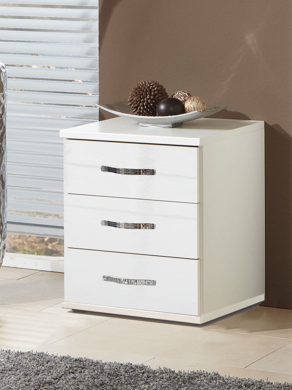 Opale White High Gloss Nightstand Bedside Cabinet with 3 Drawers Modern Bedroom Storage 45cm Wide