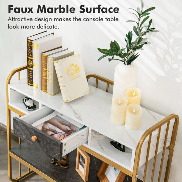 Faux Marble Console Table with Drawer Shelves and Compartments
