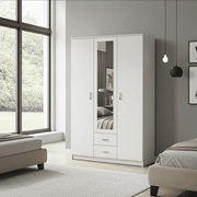 Niss White 3-door wardrobe with mirror, shelving, and drawers, elegant bedroom storage by Lavish Kitchen Isle.